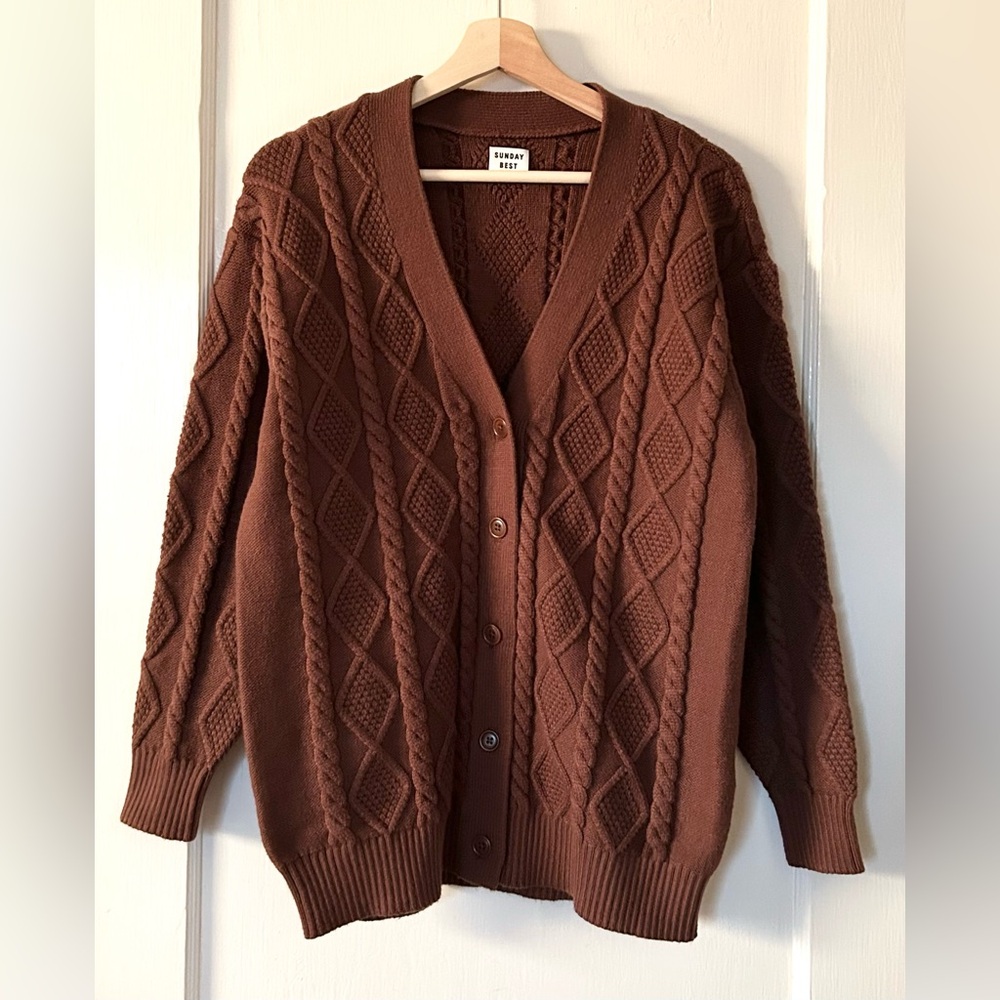Aritzia Sunday Best Lamora Cardigan Sweater Cognac XS Cotton Blend Cable Knit